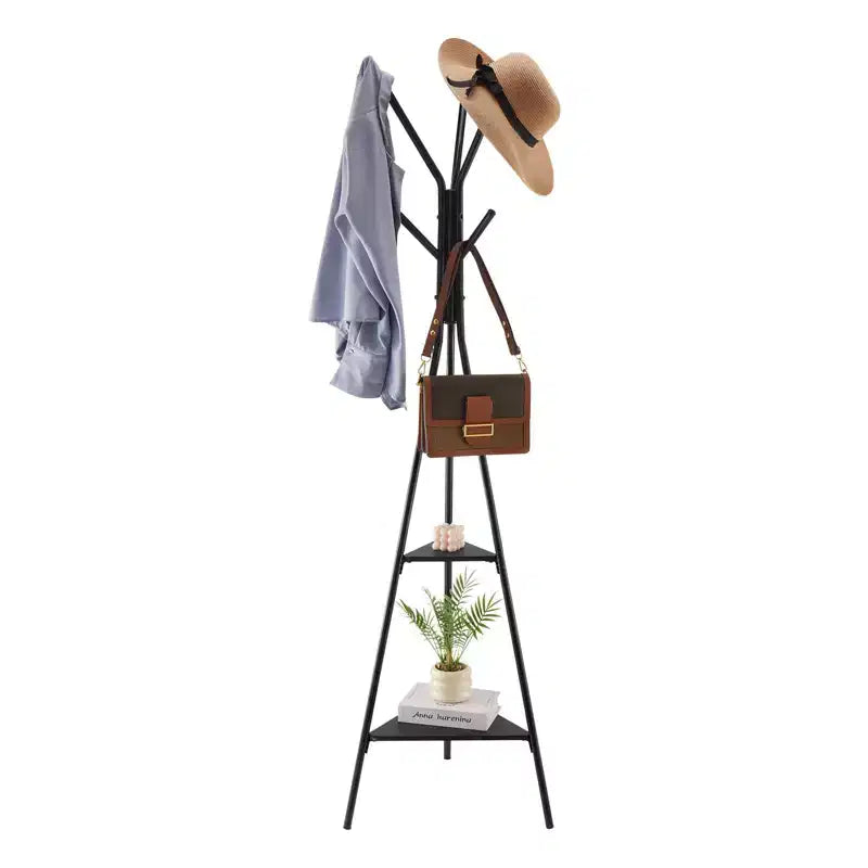 Freestanding Coat Rack with 6 Hooks and 2 Shelves Steel Hall Tree for Entryway