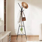 Porte-manteau autoportant avec 6 crochets et 2 étagères, arbre d'entrée en acier pour vestibule