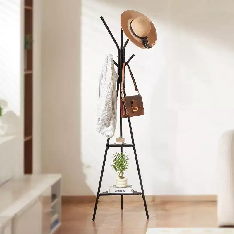 Porte-manteau autoportant avec 6 crochets et 2 étagères, arbre d'entrée en acier pour vestibule
