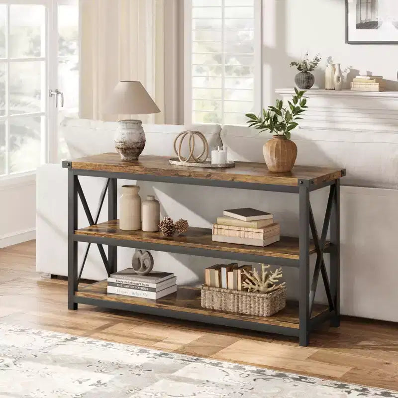 47 Long Console Table with 3-Tier Storage, Industrial Rectangular Sofa Table for Entryway, Hallway, or Living Room