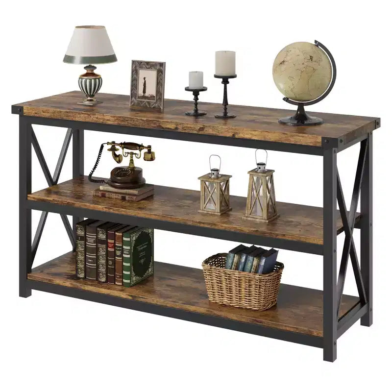 Console latérale longue de 119,4 cm avec rangement à 3 niveaux, table de canapé rectangulaire industrielle pour entrée, couloir ou salon