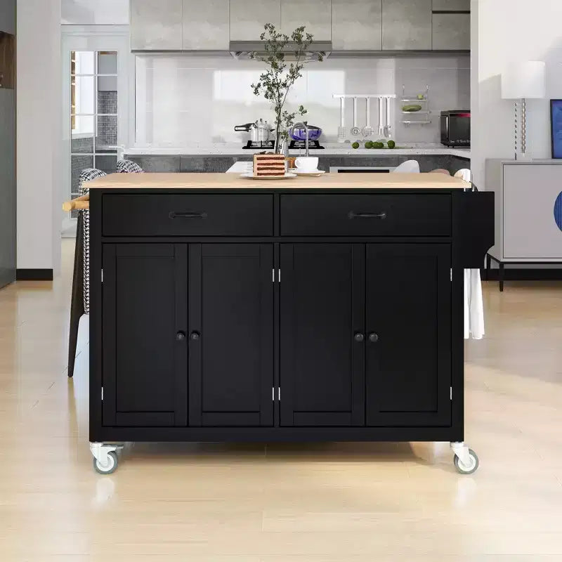 PexFix 54.3 Inch Kitchen Island Cart with Solid Wood Top and Locking Wheels 4 Door Cabinet and Two Drawers & Spice Rack & Towel Rack Black