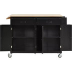 54.3 Inch Chariot d'îlot de cuisine avec plateau en bois massif et roulettes verrouillables Armoire à 4 portes et deux tiroirs et porte-épices et porte-serviettes Noir