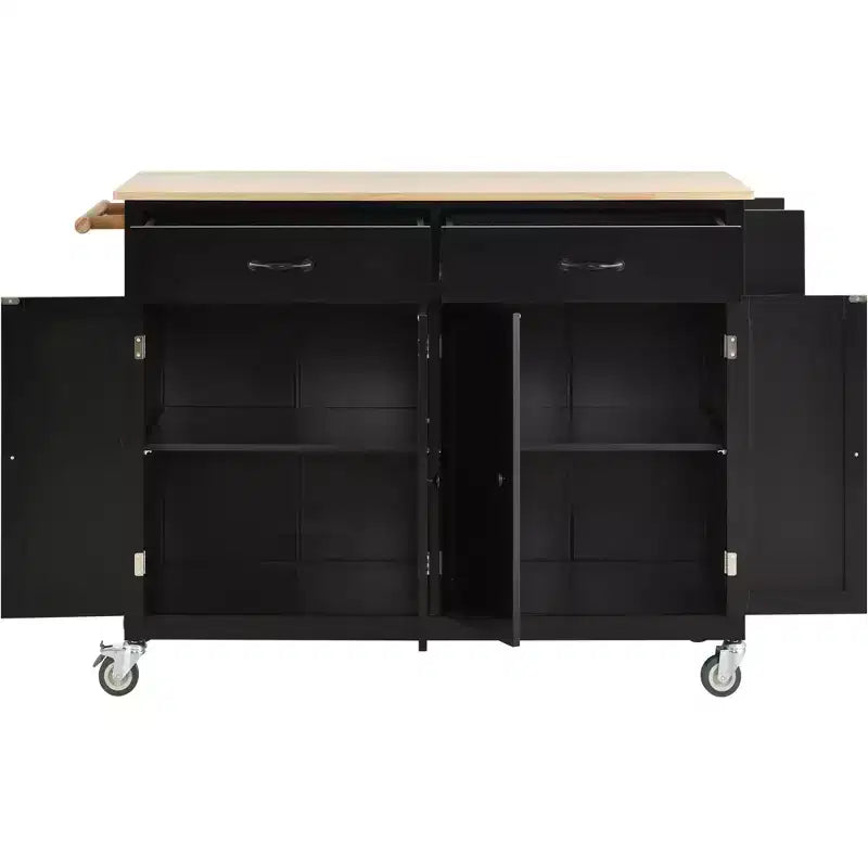 54.3 Inch Chariot d'îlot de cuisine avec plateau en bois massif et roulettes verrouillables Armoire à 4 portes et deux tiroirs et porte-épices et porte-serviettes Noir