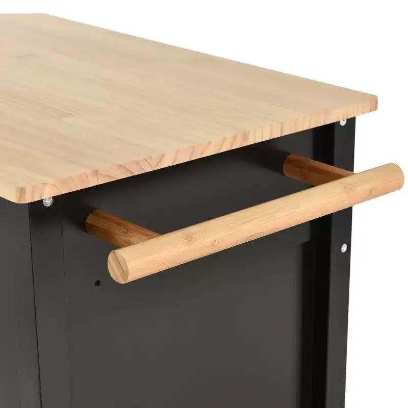 54.3 Inch Chariot d'îlot de cuisine avec plateau en bois massif et roulettes verrouillables Armoire à 4 portes et deux tiroirs et porte-épices et porte-serviettes Noir