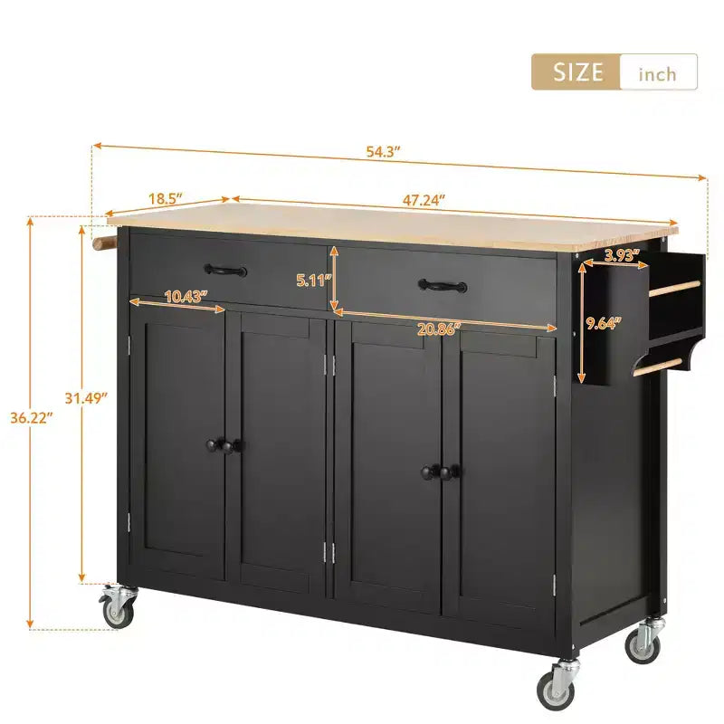 54.3 Inch Chariot d'îlot de cuisine avec plateau en bois massif et roulettes verrouillables Armoire à 4 portes et deux tiroirs et porte-épices et porte-serviettes Noir