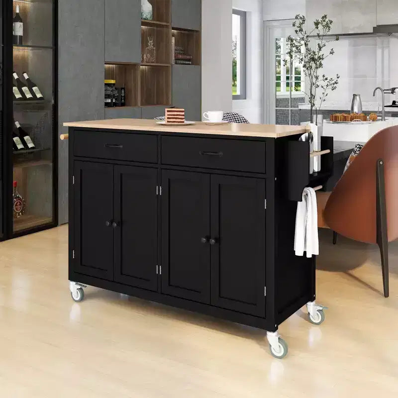 54.3 Inch Chariot d'îlot de cuisine avec plateau en bois massif et roulettes verrouillables Armoire à 4 portes et deux tiroirs et porte-épices et porte-serviettes Noir