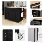 54.3 Inch Chariot d'îlot de cuisine avec plateau en bois massif et roulettes verrouillables Armoire à 4 portes et deux tiroirs et porte-épices et porte-serviettes Noir