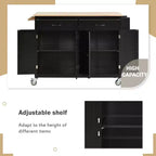 54.3 Inch Chariot d'îlot de cuisine avec plateau en bois massif et roulettes verrouillables Armoire à 4 portes et deux tiroirs et porte-épices et porte-serviettes Noir