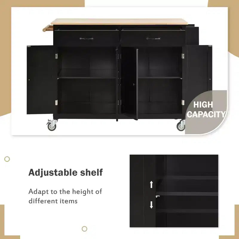 54.3 Inch Chariot d'îlot de cuisine avec plateau en bois massif et roulettes verrouillables Armoire à 4 portes et deux tiroirs et porte-épices et porte-serviettes Noir