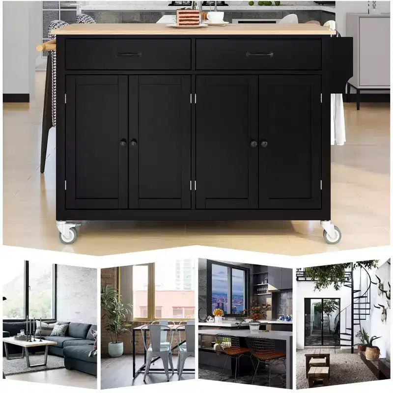 54.3 Inch Chariot d'îlot de cuisine avec plateau en bois massif et roulettes verrouillables Armoire à 4 portes et deux tiroirs et porte-épices et porte-serviettes Noir