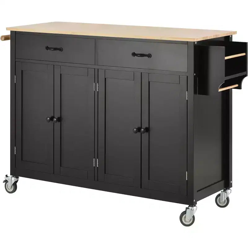 54.3 Inch Chariot d'îlot de cuisine avec plateau en bois massif et roulettes verrouillables Armoire à 4 portes et deux tiroirs et porte-épices et porte-serviettes Noir