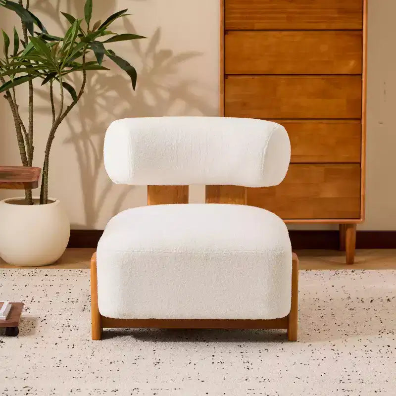 Fauteuil lounge moderne sans accoudoirs en tissu bouclé avec dossier roulé, fauteuil de lecture en bois massif pour salon, chambre à coucher