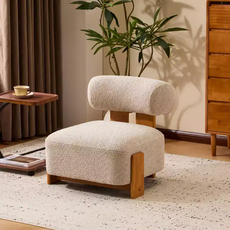 Fauteuil lounge moderne sans accoudoirs en tissu bouclé avec dossier roulé, fauteuil de lecture en bois massif pour salon, chambre à coucher