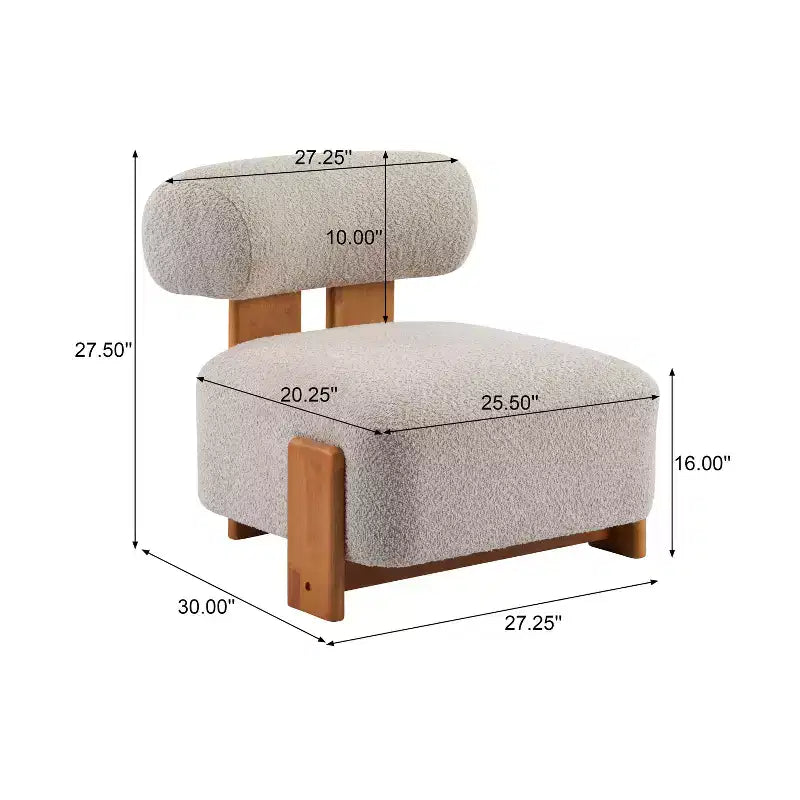Fauteuil lounge moderne sans accoudoirs en tissu bouclé avec dossier roulé, fauteuil de lecture en bois massif pour salon, chambre à coucher