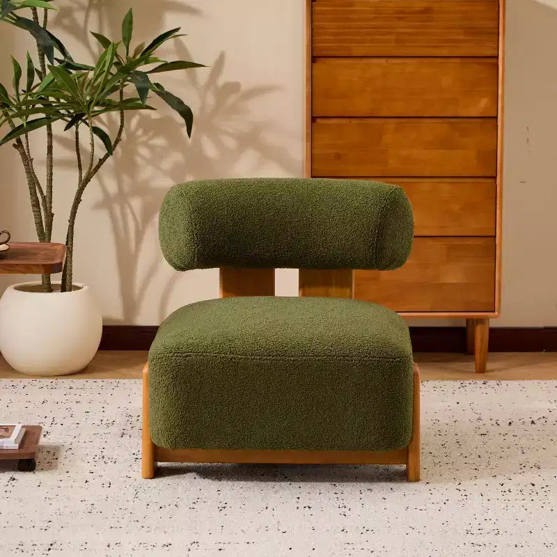 Fauteuil lounge moderne sans accoudoirs en tissu bouclé avec dossier roulé, fauteuil de lecture en bois massif pour salon, chambre à coucher