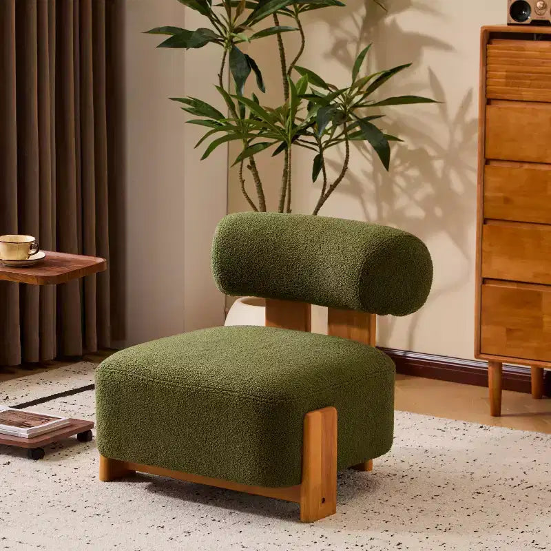 Fauteuil lounge moderne sans accoudoirs en tissu bouclé avec dossier roulé, fauteuil de lecture en bois massif pour salon, chambre à coucher