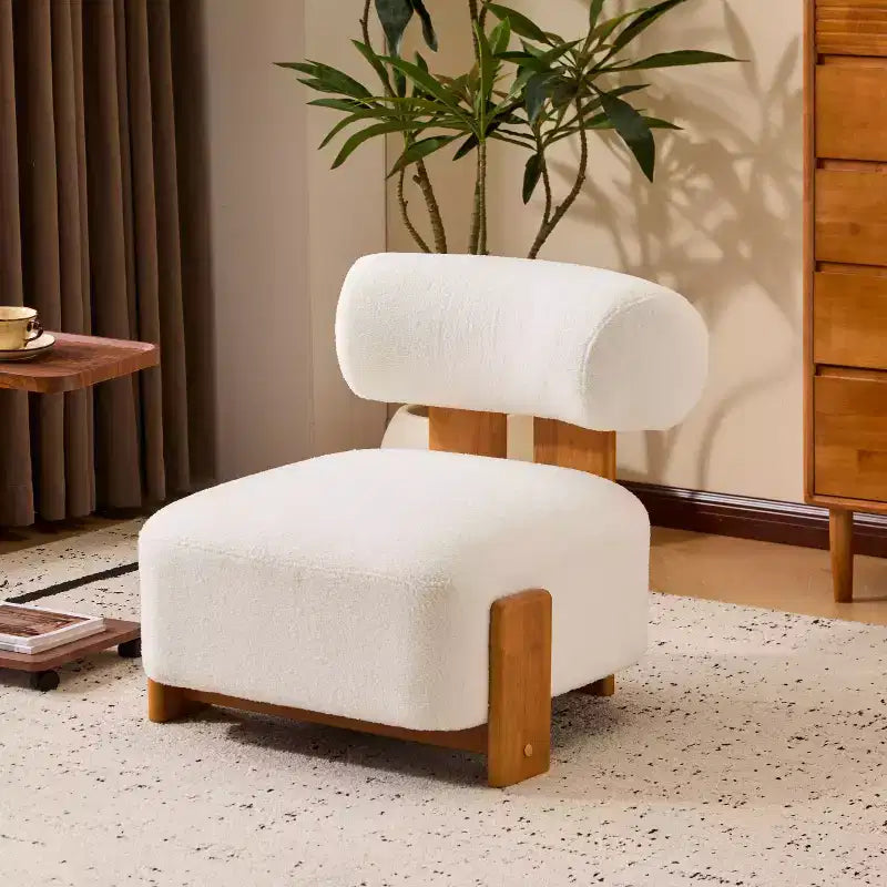 Fauteuil lounge moderne sans accoudoirs en tissu bouclé avec dossier roulé, fauteuil de lecture en bois massif pour salon, chambre à coucher