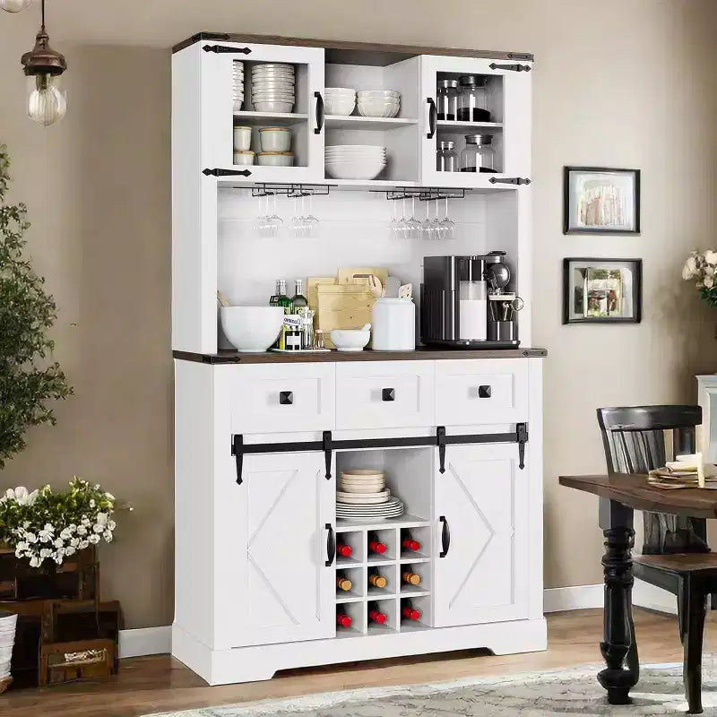 COZONY 72 Tall Wine Bar Cabinet with Door & Glass Holder, Standing Liquor Cabinet Sideboard with Closed Storage for Kitchen & Living Room, White