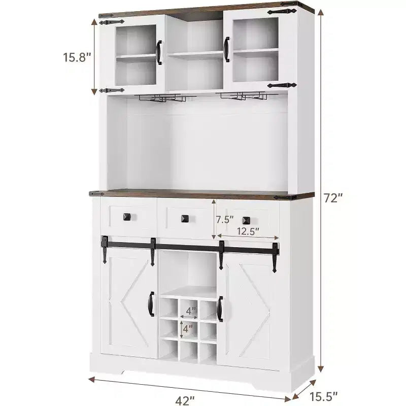 Meuble Bar Armoire à Vin Haute de 72 po avec Porte et Support à Verres, Buffet Vaisselier Autonome avec Rangement Fermé pour Cuisine et Salon, Blanc