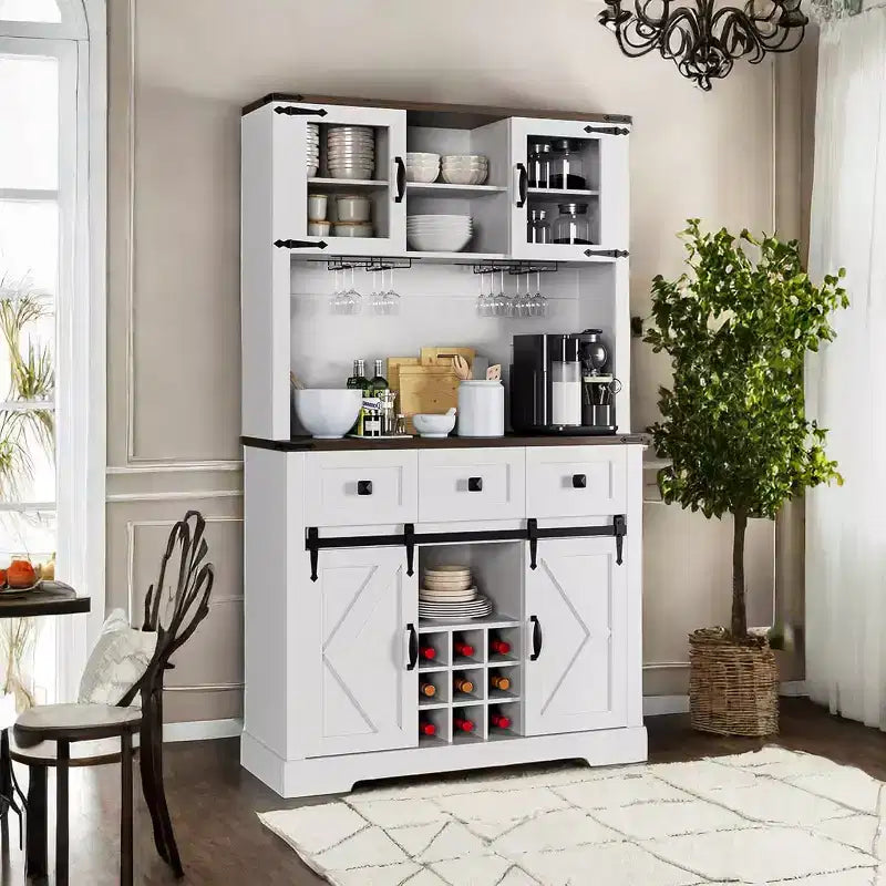 Meuble Bar Armoire à Vin Haute de 72 po avec Porte et Support à Verres, Buffet Vaisselier Autonome avec Rangement Fermé pour Cuisine et Salon, Blanc