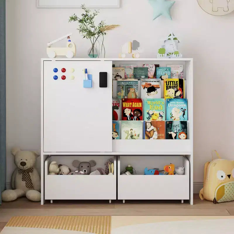 Famapy White Kids Storage Bookshelf Toy Storage Cabinet Sliding Door + Rolling Bins + Multi-Tier Shelves