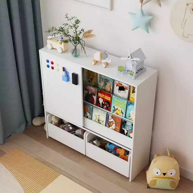 Étagère de rangement blanche pour enfants, meuble de rangement pour jouets, porte coulissante + bacs roulants + étagères multi-niveaux