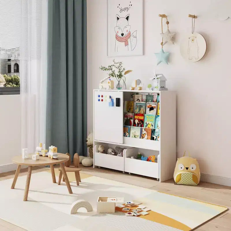 Étagère de rangement blanche pour enfants, meuble de rangement pour jouets, porte coulissante + bacs roulants + étagères multi-niveaux