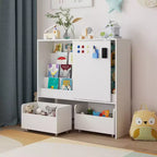 Étagère de rangement blanche pour enfants, meuble de rangement pour jouets, porte coulissante + bacs roulants + étagères multi-niveaux