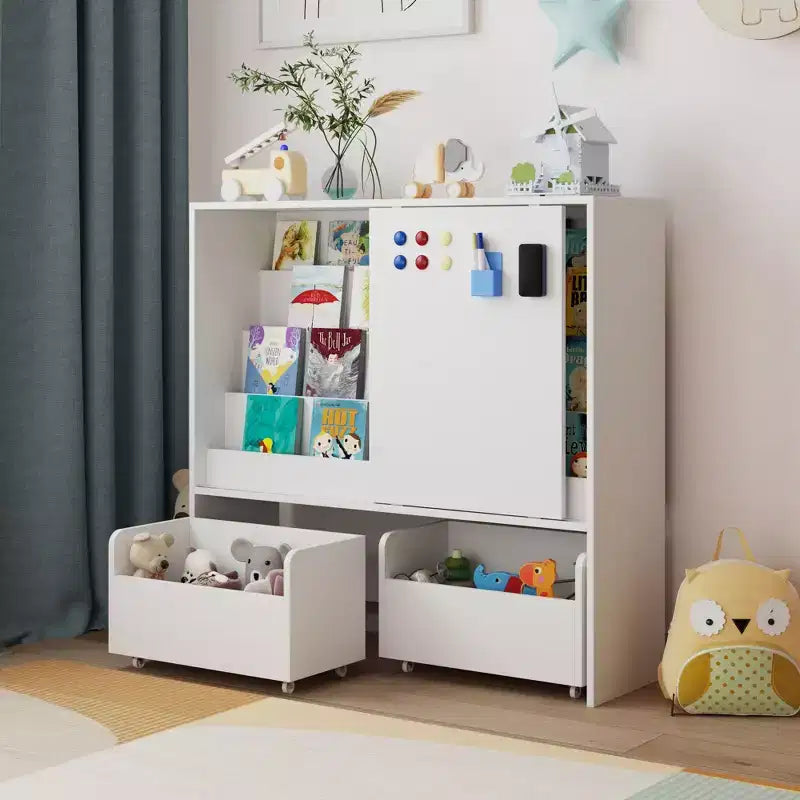 Étagère de rangement blanche pour enfants, meuble de rangement pour jouets, porte coulissante + bacs roulants + étagères multi-niveaux