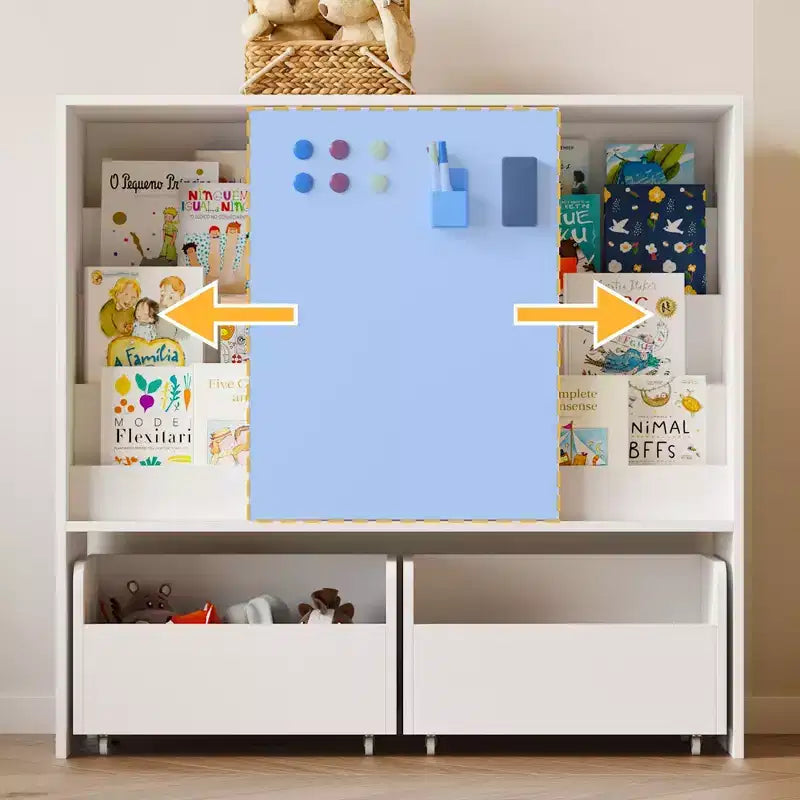 Étagère de rangement blanche pour enfants, meuble de rangement pour jouets, porte coulissante + bacs roulants + étagères multi-niveaux
