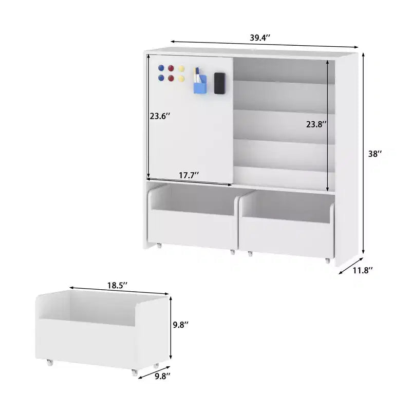 Étagère de rangement blanche pour enfants, meuble de rangement pour jouets, porte coulissante + bacs roulants + étagères multi-niveaux