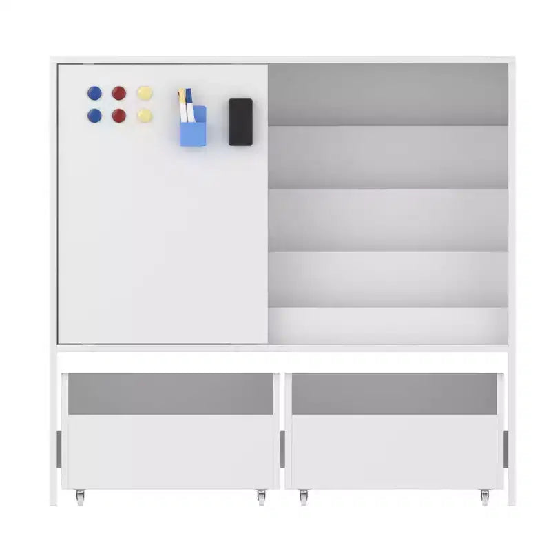 Étagère de rangement blanche pour enfants, meuble de rangement pour jouets, porte coulissante + bacs roulants + étagères multi-niveaux