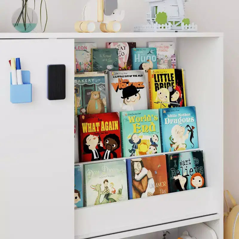 Étagère de rangement blanche pour enfants, meuble de rangement pour jouets, porte coulissante + bacs roulants + étagères multi-niveaux