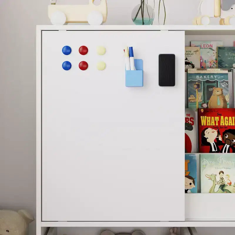 Étagère de rangement blanche pour enfants, meuble de rangement pour jouets, porte coulissante + bacs roulants + étagères multi-niveaux