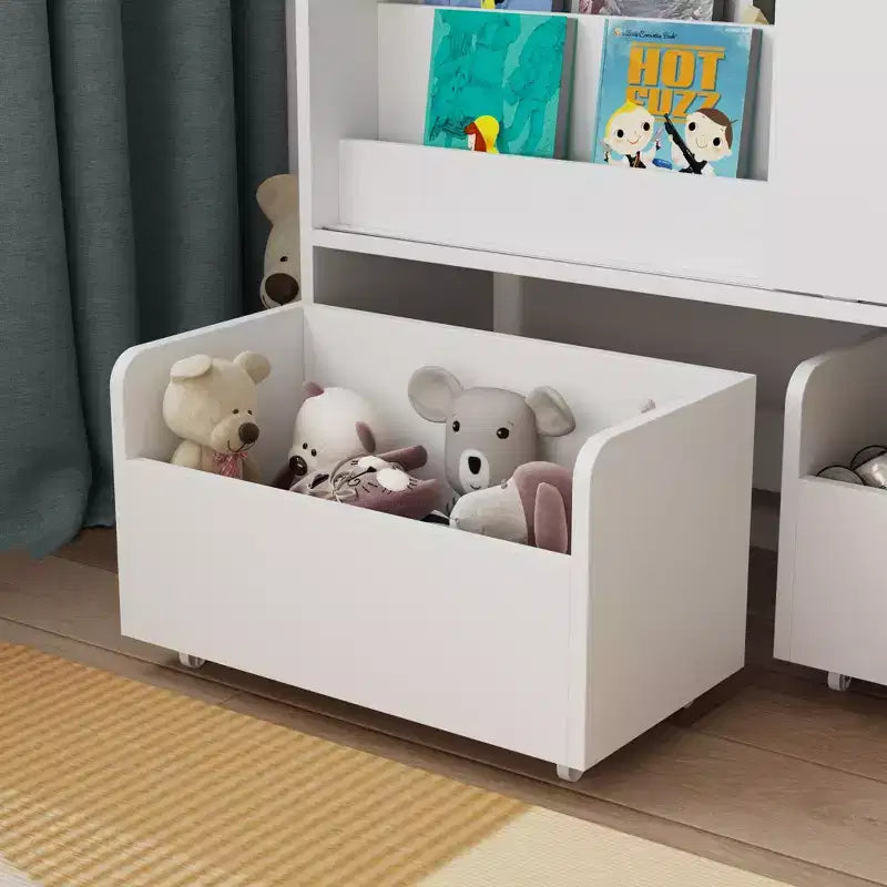 Étagère de rangement blanche pour enfants, meuble de rangement pour jouets, porte coulissante + bacs roulants + étagères multi-niveaux