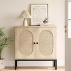 Bahut de salle à manger, meuble de rangement en bois avec portes en rotin naturel, bahut à double couche avec pieds en métal massif, pour couloir, salon