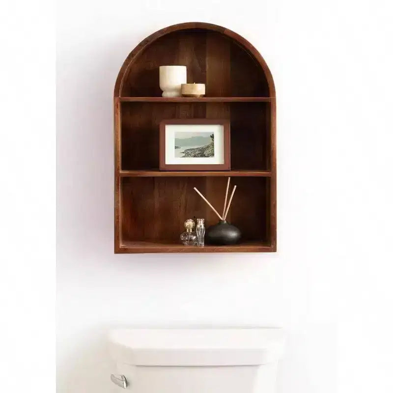 Étagère murale arquée moderne 18x 26 Noyer Marron Arches de transition au-dessus des toilettes Étagères de rangement d'entrée