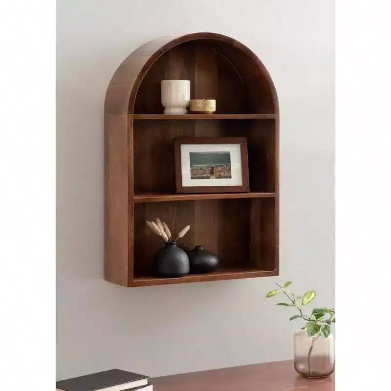 Étagère murale arquée moderne 18x 26 Noyer Marron Arches de transition au-dessus des toilettes Étagères de rangement d'entrée