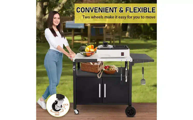 Chariot de cuisine extérieur roulant avec rangement, roues, crochets et plateau pliable