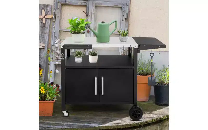 Chariot de cuisine extérieur roulant avec rangement, roues, crochets et plateau pliable