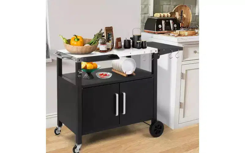 Chariot de cuisine extérieur roulant avec rangement, roues, crochets et plateau pliable