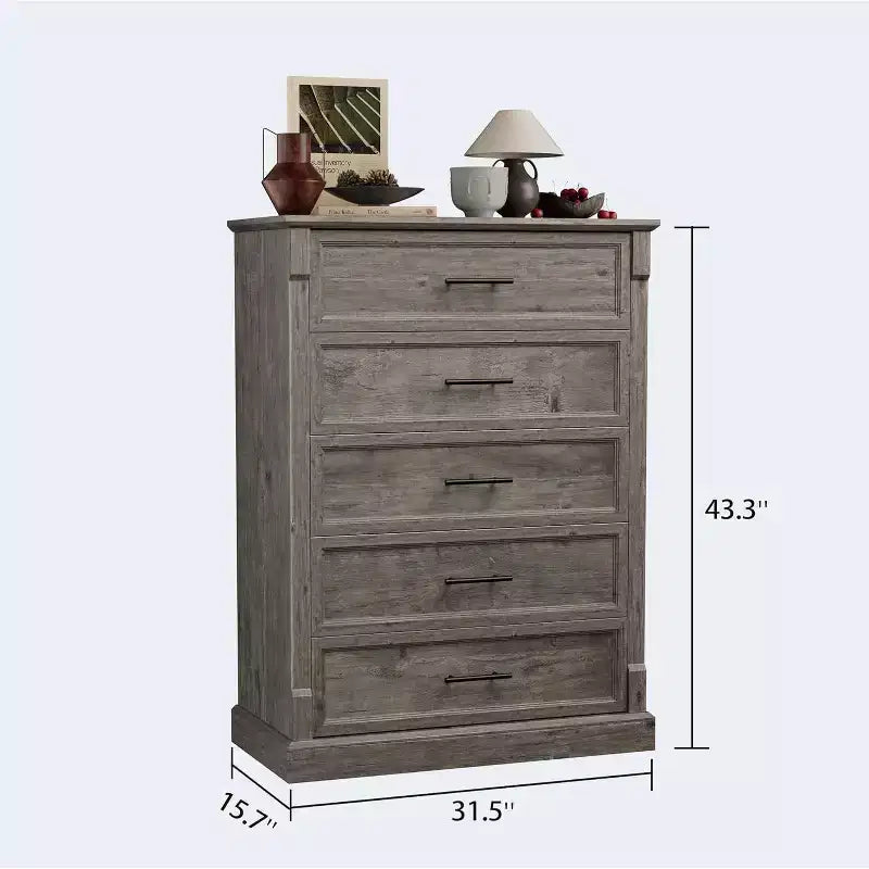 Commode de chambre à coucher 4/5 tiroirs de style campagnard, Grande commode avec poignées en métal, Meuble TV rustique en bois, pour salon, couloir