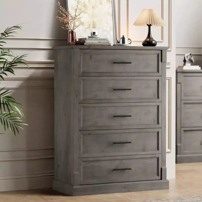 Commode de chambre à coucher 4/5 tiroirs de style campagnard, Grande commode avec poignées en métal, Meuble TV rustique en bois, pour salon, couloir