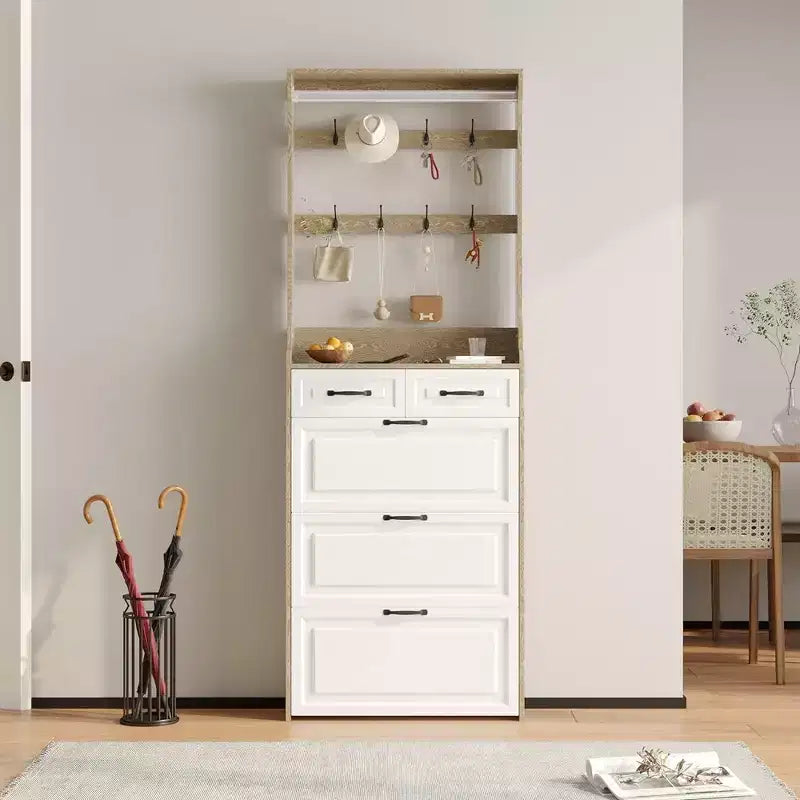Shoe Storage Cabinet with 3 Doors and 2 Drawers, Entryway Hall Tree Coat Shoe Rack with 8 Hooks, Freestanding Shoe Organizer
