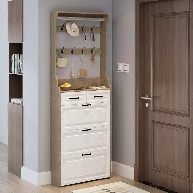 Meuble de rangement pour chaussures avec 3 portes et 2 tiroirs, portemanteau d'entrée avec 8 crochets, organisateur de chaussures autoportant