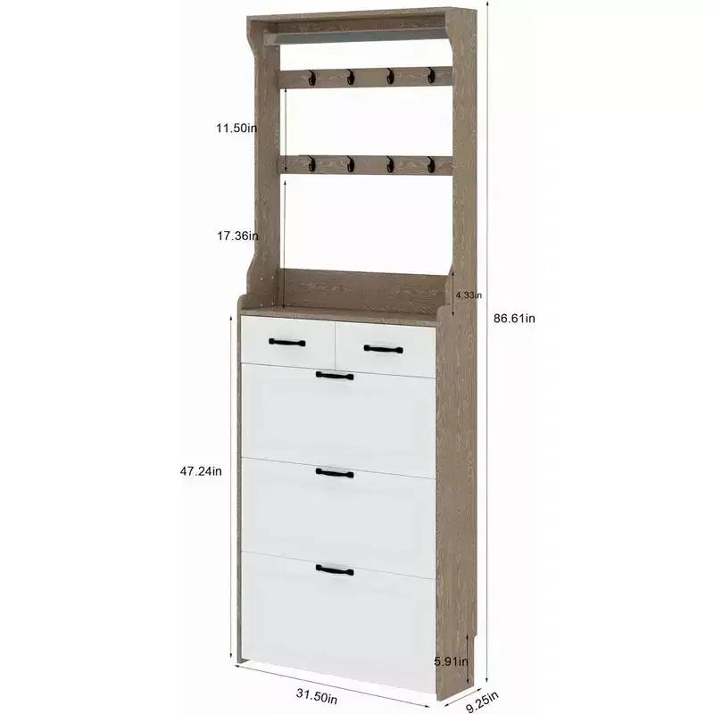 Meuble de rangement pour chaussures avec 3 portes et 2 tiroirs, portemanteau d'entrée avec 8 crochets, organisateur de chaussures autoportant