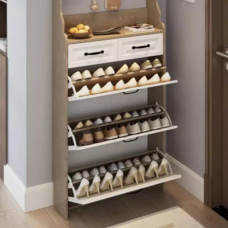 Meuble de rangement pour chaussures avec 3 portes et 2 tiroirs, portemanteau d'entrée avec 8 crochets, organisateur de chaussures autoportant