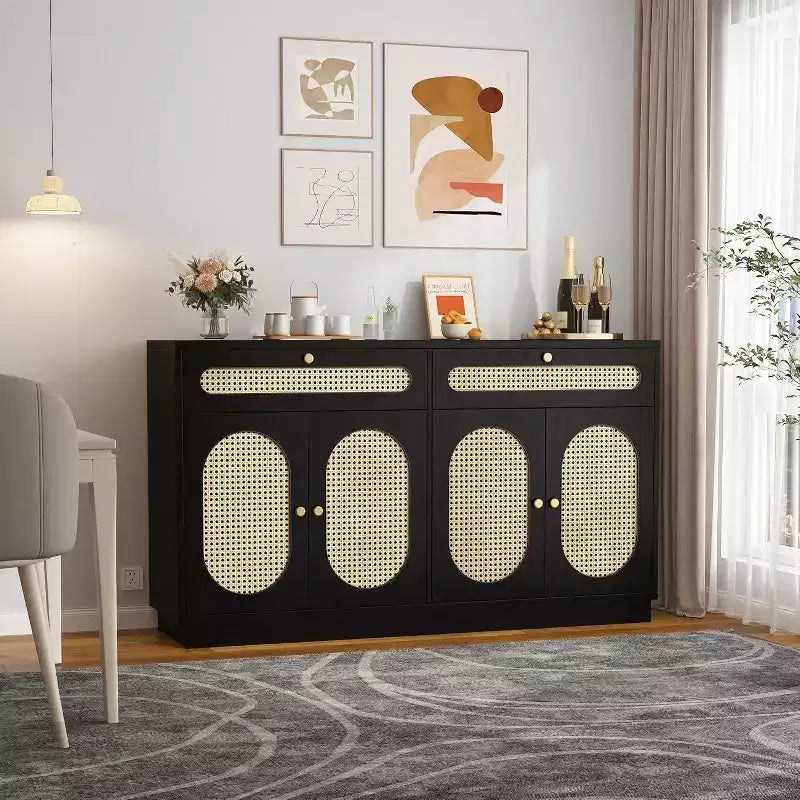 60'' Rattan Sideboard, Sideboard Cabinet with 2 Drawers 4 Rattan Doors, Buffet Cabinet with Adjustable Shelves for Dining Room,Living Room,EntryWay