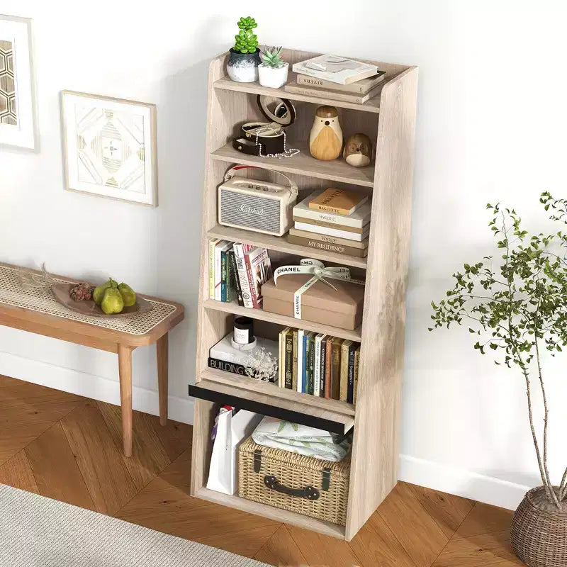 Bibliothèque à 6 niveaux avec 2 étagères réglables, porte relevable et 5 étagères ouvertes pour chambre à coucher